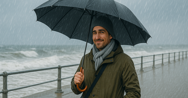 Homme abrité par un parapluie noir Parfi, marque belge reconnue pour ses parapluies durables et élégants.