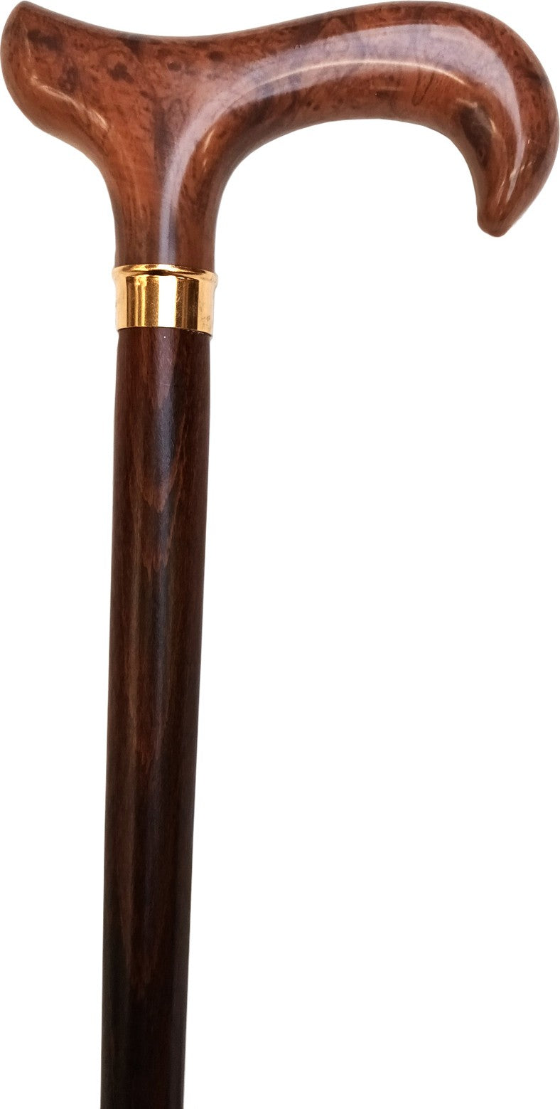 Canne marron en bois, bague dorée, poignée crochet ronc - couleur Marron