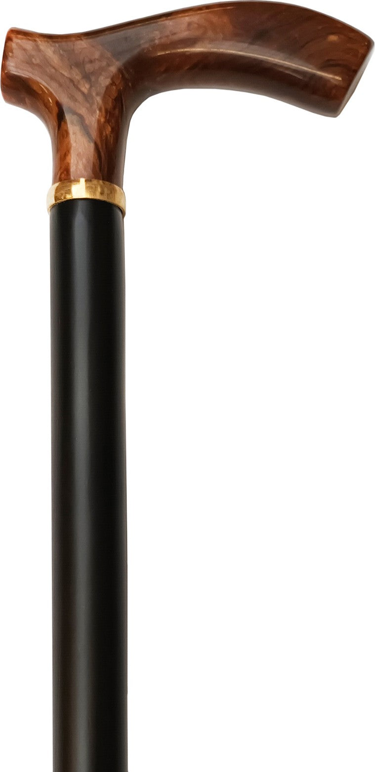 Canne noire en bois, bague dorée, poignée droite en ron - couleur Noir