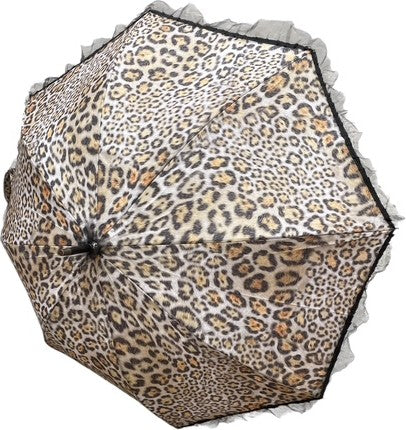 Long parapluie leopard bord noir manche marron courbé - couleur Léopard
