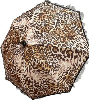 Long parapluie leopard bord noir manche marron courbé - couleur Léopard