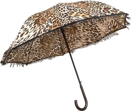 Long parapluie leopard bord noir manche marron courbé - couleur Léopard