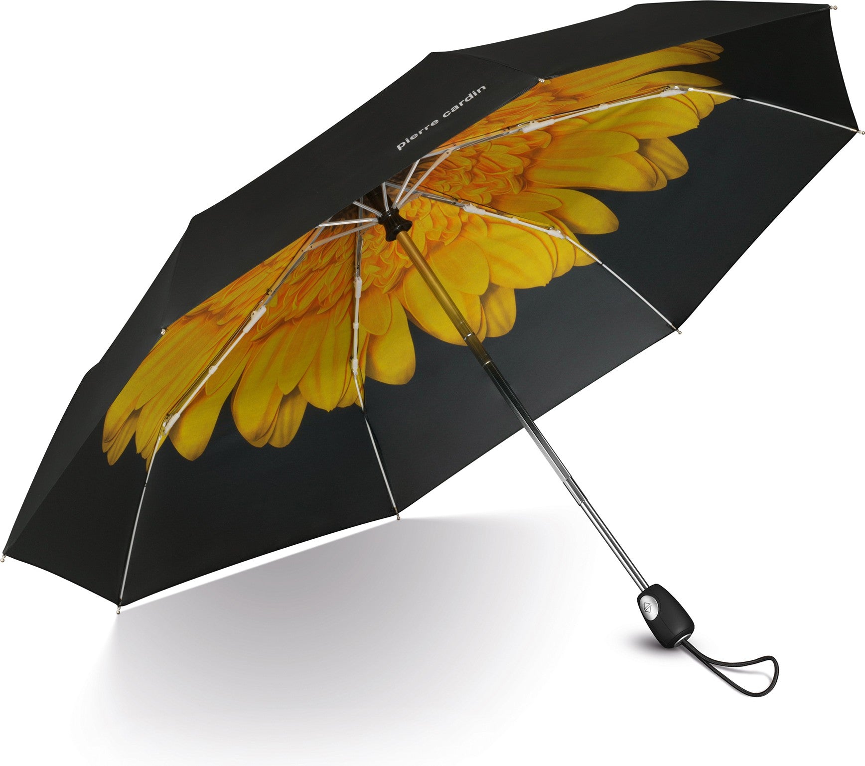 Long parapluie noir impression grande fleur jaune - couleur Noir