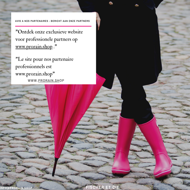 Visuel partenaires B2B : bottes de pluie roses et parapluie rose sur pavés, encart bilingue annonçant le site professionnel www.prorain.shop